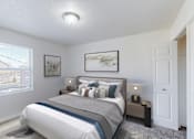 Thumbnail 33 of 37 - A bedroom with a large bed and a window overlooking a residential area.