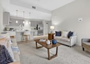 Thumbnail 4 of 24 - A modern living room with a wooden coffee table and a grey sofa.
