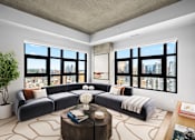Thumbnail 7 of 12 - Suite 2502 - A living room with a large sectional sofa and a coffee table in front of a large window.