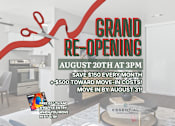 Thumbnail 1 of 31 - A grand re-opening advertisement for a store with a red ribbon and a TV on the left side.