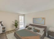 Thumbnail 44 of 111 - A bedroom with a bed, nightstand, and a plant.