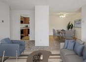 Thumbnail 54 of 111 - A living room with a grey couch and a blue chair.