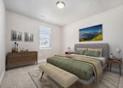 Thumbnail 3 of 26 - A bedroom with a large bed and a painting on the wall.