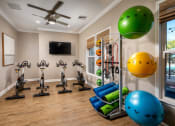Thumbnail 17 of 20 - a home gym with exercise equipment and a ceiling fan