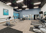 Thumbnail 12 of 27 - A gym with a variety of exercise equipment including treadmills, stationary bikes, and weight machines.