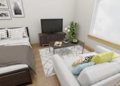 Thumbnail 1 of 36 - A living room with a grey couch, a bed, a coffee table, and a television.