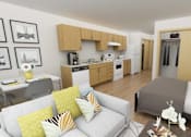 Thumbnail 12 of 36 - A modern living room with a grey couch and a coffee table.