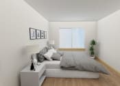 Thumbnail 14 of 36 - A small bedroom with a bed, nightstand, and a plant.