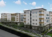 Thumbnail 35 of 36 - A modern apartment complex with multiple buildings and a parking lot in front.