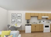 Thumbnail 5 of 36 - A kitchen with wooden cabinets and a white fridge.
