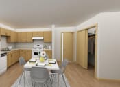 Thumbnail 6 of 36 - A kitchen with a table and chairs in the middle of the room.