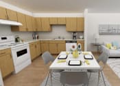 Thumbnail 7 of 36 - A modern kitchen with a dining table set for two.