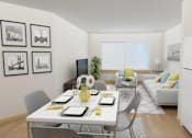 Thumbnail 8 of 36 - A modern dining room with a white table set for six.