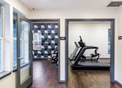 Thumbnail 8 of 10 - A treadmill is in a room with a checkered wall.