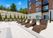 Thumbnail 4 of 40 - A row of brown lounge chairs are arranged on a patio.