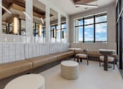 Thumbnail 25 of 34 - A modern room with a long bench and a table at The Woods at 180 Kanata Avenue Apartments, Kanata, K2T 0T4
