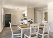 Thumbnail 2 of 12 - a dining room with a table and chairs and a kitchen in the background  at North Washington Apartments