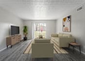 Thumbnail 2 of 18 - A living room with a grey carpet and a brown sofa.