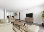 Thumbnail 1 of 18 - A living room with a couch, chairs, and a coffee table.