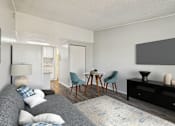 Thumbnail 5 of 15 - A living room with a grey couch, a wooden table, and a television on the wall.