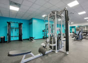 Thumbnail 56 of 95 - a gym with cardio equipment and weights in a room with blue walls at Presidio Palms Apartments, Tucson, Arizona