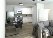 Thumbnail 2 of 95 - a rendering of a living room and kitchen in a one bedroom apartment at Presidio Palms Apartments, Tucson, AZ, 85701