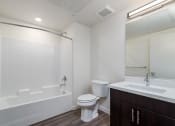 Thumbnail 24 of 25 - a bathroom with a toilet, sink, mirror, shower/tub combo