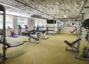 Thumbnail 17 of 80 - a gym with weights and cardio equipment in a building with exposed ceilings