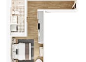 Thumbnail 16 of 26 - A top-down view of a small, neatly organized bedroom with a bed, nightstand, chair, and a bathroom area.