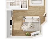 Thumbnail 24 of 26 - A top-down view of a modern kitchen and living room.