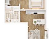 Thumbnail 8 of 26 - A top-down view of a small apartment with a bedroom, living room, and kitchen.