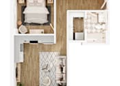 Thumbnail 12 of 26 - A top-down view of a bedroom with a bed, dresser, and bathroom.