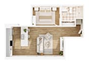 Thumbnail 15 of 26 - A top-down view of a modern, minimalist living space with a kitchen, dining area, and a bedroom.