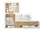 Thumbnail 18 of 26 - A top-down view of a modern, minimalist bedroom and kitchen area.