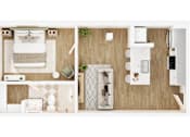Thumbnail 13 of 26 - A top down view of a small apartment with a bedroom, living room, and kitchen.