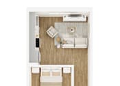 Thumbnail 19 of 26 - A series of images showing a small room layout with a bed, a desk, and a wardrobe.