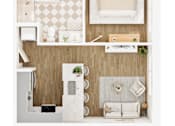 Thumbnail 20 of 26 - A top-down view of a small, neatly organized bedroom with a bed, nightstand, and a small kitchenette.