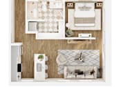 Thumbnail 9 of 26 - A top-down view of a small apartment with a bed, a sink, a toilet, a fridge, and a microwave.