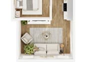 Thumbnail 10 of 26 - A modern bathroom with a wooden vanity and a white toilet.