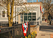 Thumbnail 26 of 28 - A building with a flag on a fence and yellow flowers in front.