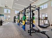 Thumbnail 22 of 124 - Fitness center with power rack and colorful weight plates at Velara Luxury Apartments, Ponte Vedra Beach