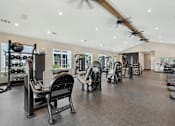Thumbnail 28 of 62 - A gym with a variety of equipment including treadmills, weights, and exercise machines.