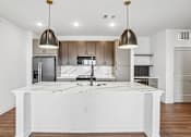 Thumbnail 20 of 24 - A modern kitchen with a large island and pendant lights.