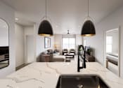 Thumbnail 10 of 16 - A modern kitchen with a marble countertop and a large island.at Terrassa Luxury Apartments, Saint Augustine, 32084