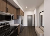 Thumbnail 39 of 45 - Kitchen with brown cabinets at The Union Flats at Fishers District, Fishers, IN