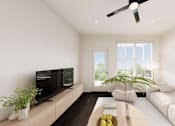 Thumbnail 20 of 48 - A modern living room with a flat screen TV, a white sofa, and a coffee table with fruit on it.
