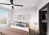 Thumbnail 8 of 21 - A bedroom with a bed, a ceiling fan, and a window overlooking a landscape at Refinery at Pointe17 Apartments, Arizona