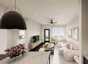 Thumbnail 18 of 48 - A modern living room with a marble countertop and a large window.