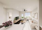Thumbnail 16 of 48 - A modern living room with a white sofa set and a ceiling fan.