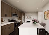 Thumbnail 15 of 48 - A modern kitchen with a white island and brown cabinets.